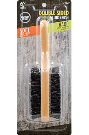 Double-sided club brush with wooden handle in packaging