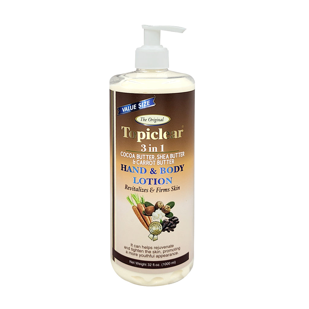 Topiclear 3-in-1 hand and body lotion bottle on a white background