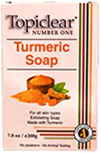 Thumbnail for Box of Topiclear Turmeric Soap with turmeric powder and leaves on a white background