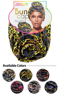 Thumbnail for Touch Down Bun Cap packaging with a model wearing the product and color options displayed below.