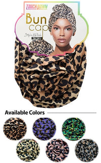 Thumbnail for Leopard print bun cap with packaging and color options displayed below.