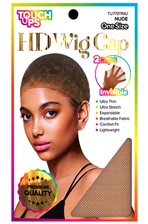 HIDWig cap packaging with a model wearing the cap and product details on a white background.