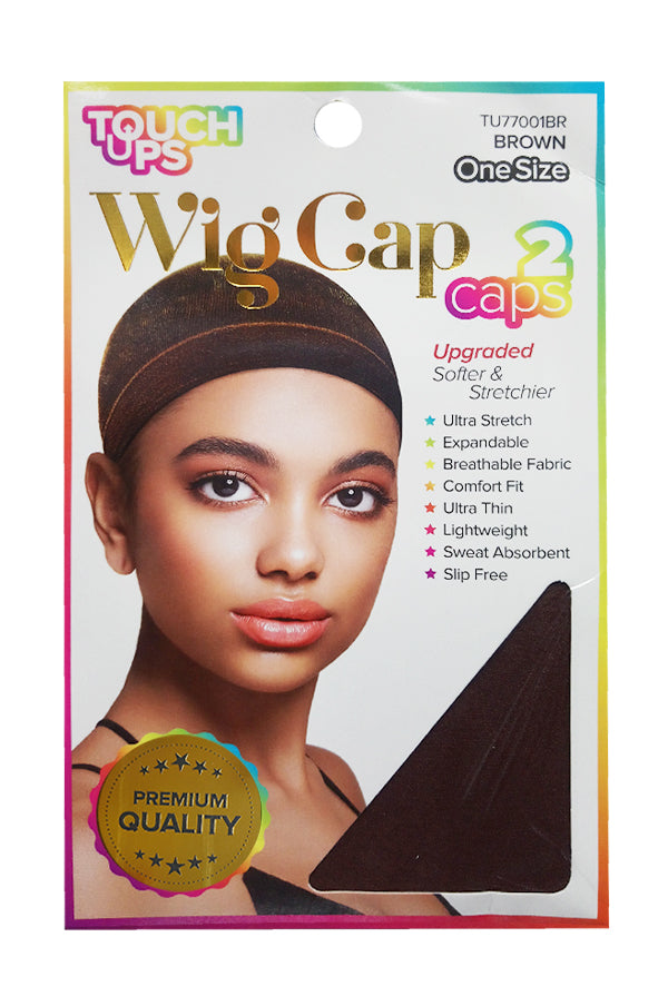 Package of Touch Ups wig cap with a model wearing the cap on a white background