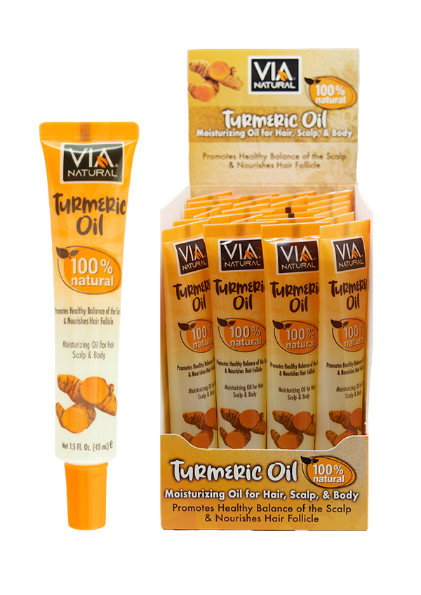 VIA Natural Turmeric Oil hair care product shown with a single squeeze tube and a retail display box containing multiple single-use packets, all on a plain white background.