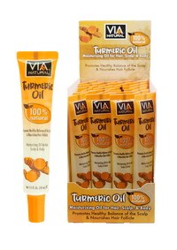 Thumbnail for VIA Natural Turmeric Oil hair care product shown with a single squeeze tube and a retail display box containing multiple single-use packets, all on a plain white background.