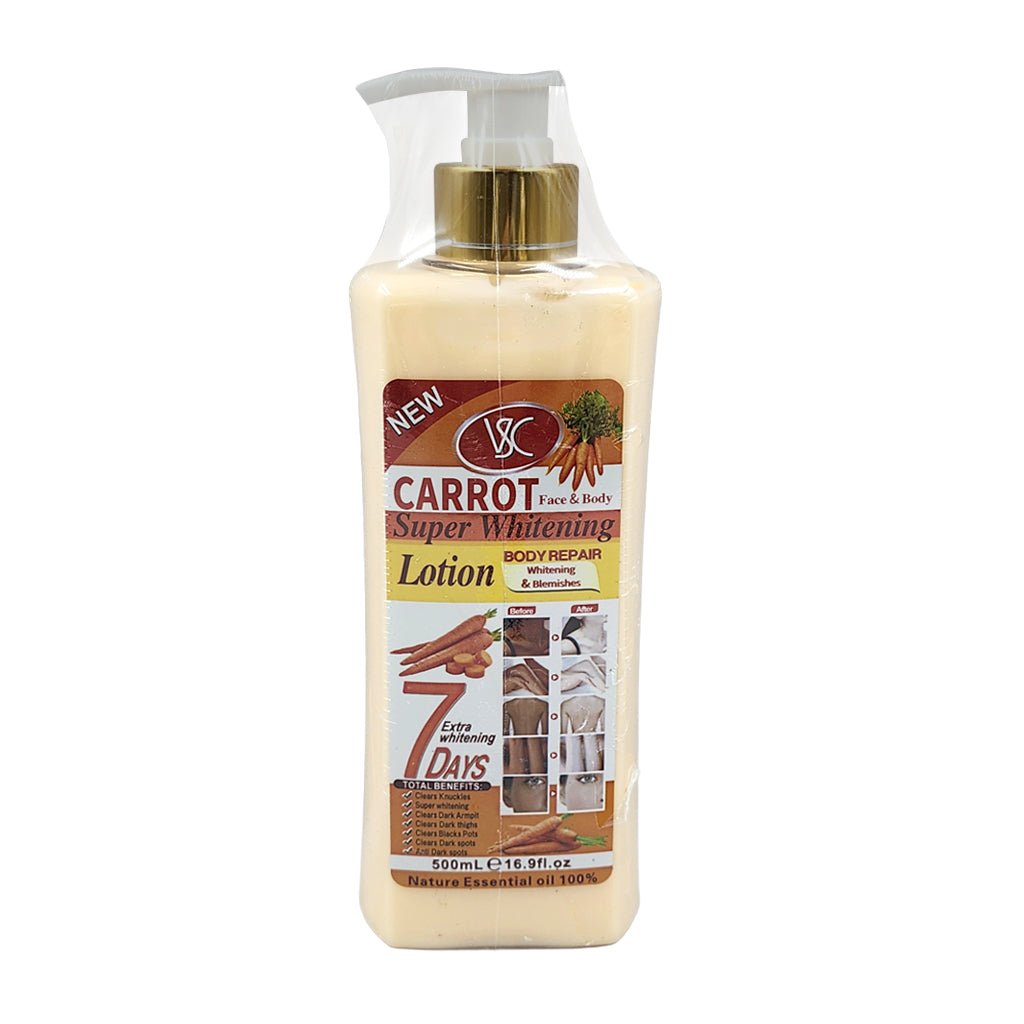 Carrot super whitening body repair lotion bottle on a white background