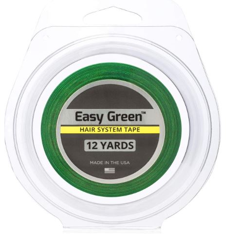A roll of Easy Green hair system tape in a clear dispenser, labeled with 12 yards length and 1/2 inch width.