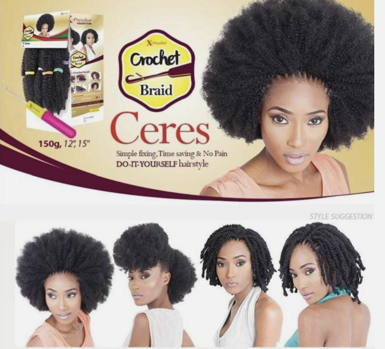 Promotional graphic for a crochet braid hair extension product. The top half shows a large afro-style wig on a model, a package box labeled 'Pleasanton Crochet Braid Ceres 150g, 12', 15"', and a pink crochet hook.
