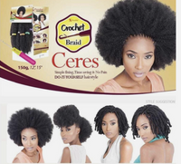 Thumbnail for Promotional graphic for a crochet braid hair extension product. The top half shows a large afro-style wig on a model, a package box labeled 'Pleasanton Crochet Braid Ceres 150g, 12', 15