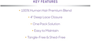 Thumbnail for A text-based key features slide on a white background with purple headings and bullet points describing a hair product, including '100% Human Hair Premium Blend', '4