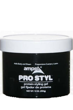 A container of AMPRO brand Pro Style protein styling gel, with a predominantly black label and white lid, indicating it is a hair styling product.
