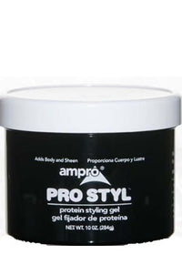 Thumbnail for A container of AMPRO brand Pro Style protein styling gel, with a predominantly black label and white lid, indicating it is a hair styling product.