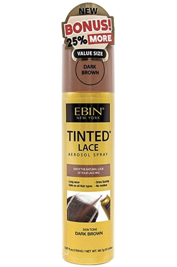 A bottle of EBIN tinted lace spray in dark brown color, designed for wig application.