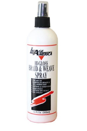 A bottle of IMAGE AMERICA Hi-Gloss Braid & Weave Spray with a white label and red accents.