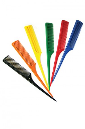 A collection of colorful bone rat tail parting combs arranged in a line, with the tips pointing upwards. The combs come in various colors including yellow, green, red, blue, and black.