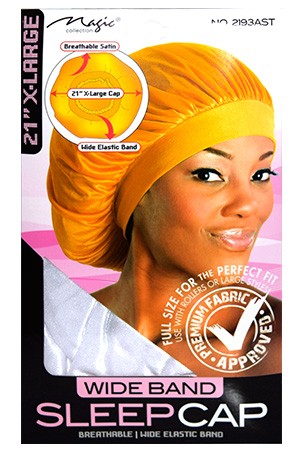 A woman wearing a yellow wide band sleep cap, packaging shows the product name and size, [X-Large]