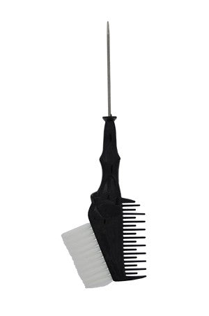 A black hair tint brush with a metal tail and white bristles designed for hair coloring applications.