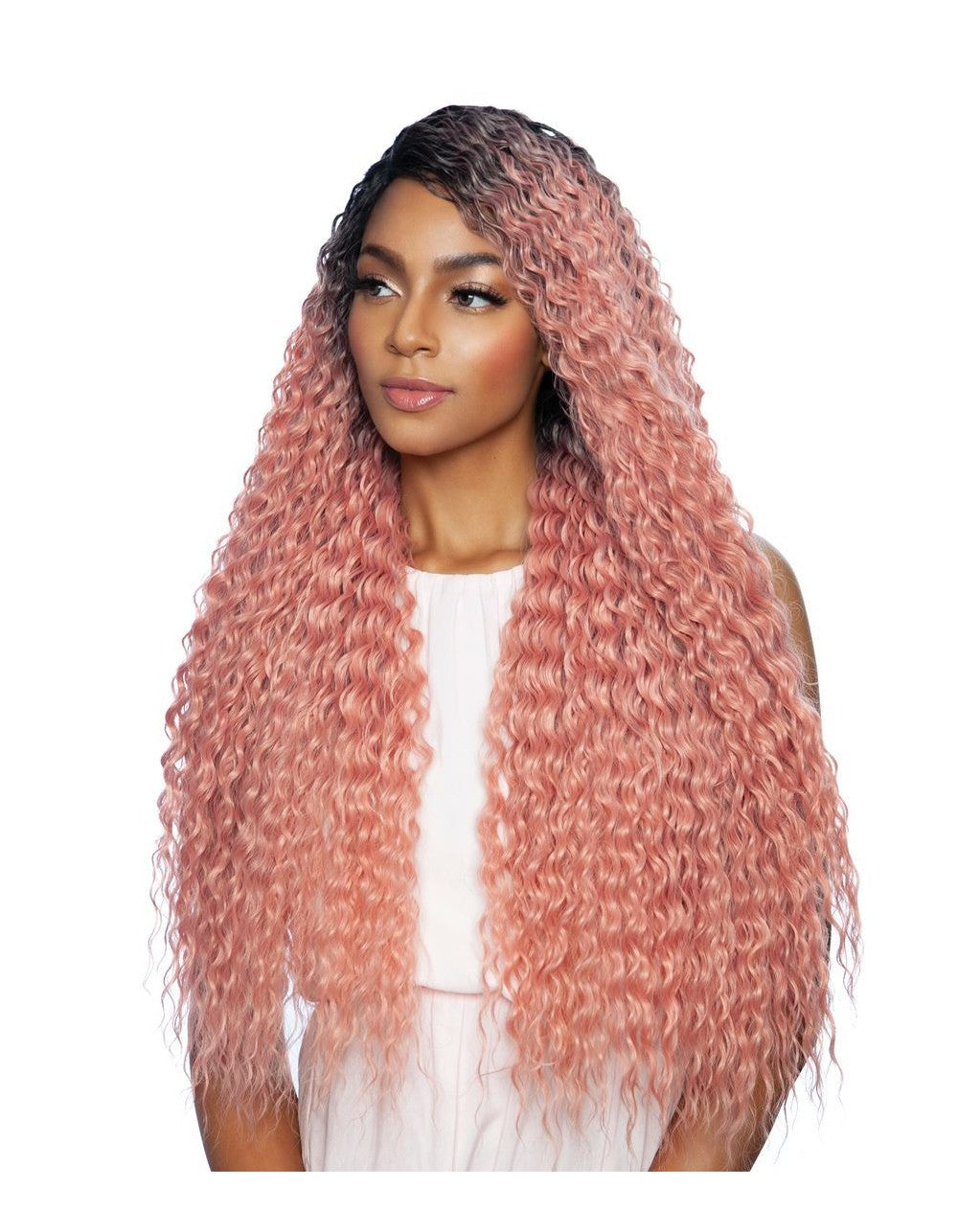 A person with long, wavy, pink hair styled in a voluminous manner.