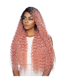 Thumbnail for A person with long, wavy, pink hair styled in a voluminous manner.