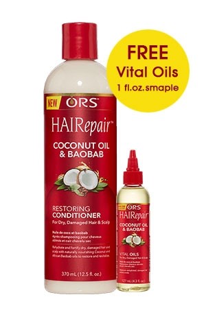 A bottle of ORGANIC ROOT-HAIR EPAIR COCONUT OIL & BAOBAB RESTORING CONDITIONER (12.5 OZ) with an additional bottle of free vital oils.