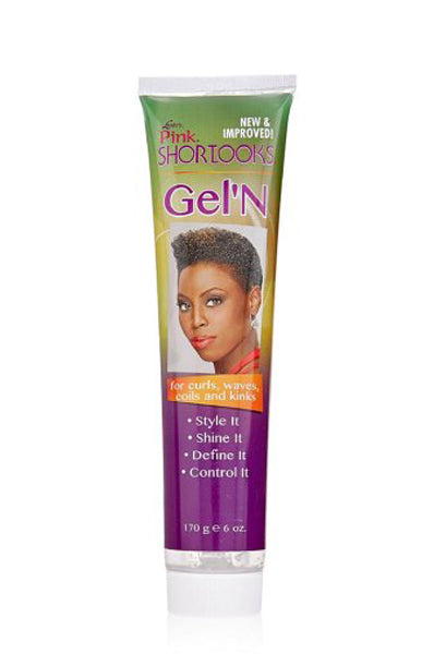 A tube of Pink Shortlooks Gel'N hair gel, with a picture of a woman showcasing the styled hair product.